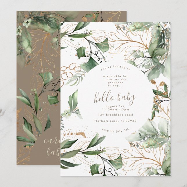 Eucalyptus Golden Boho Modern Blooming Baby Shower Invitation (Front/Back)