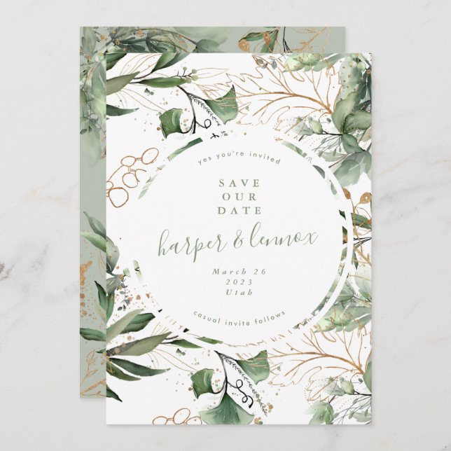 Eucalyptus Golden Boho Modern Fall Pampas Circle Save The Date (Front/Back)