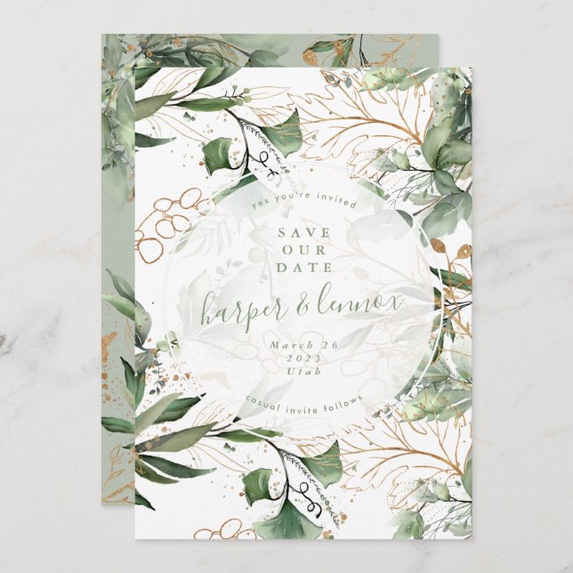 Eucalyptus Golden Boho Modern Fall Pampas Circle Save The Date (Front/Back)