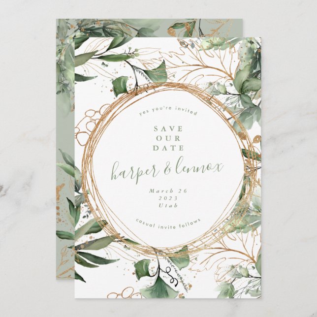 Eucalyptus Golden Boho Modern Fall Pampas Circles Save The Date (Front/Back)