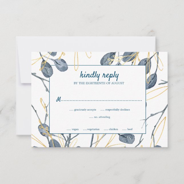 Eucalyptus Golden Garden Floral Wedding RSVP Card (Front)