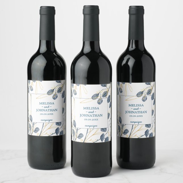 Eucalyptus Golden Garden Floral Wedding Wine Label (Bottles)