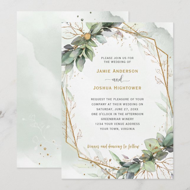 Eucalyptus Golden Greenery Wedding Invitation (Front/Back)