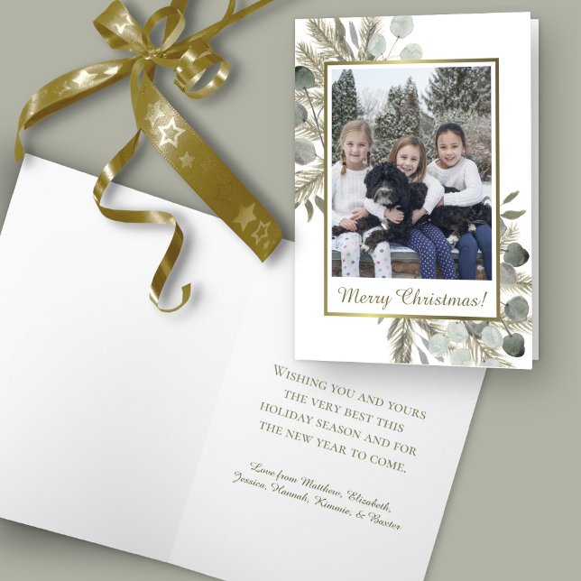 Eucalyptus & Golden Pine Merry Christmas Photo Holiday Card (In Situ Front/Back)