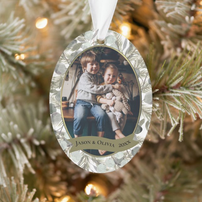 Eucalyptus & Golden Pine Simple Holiday Photo Ornament (Tree)