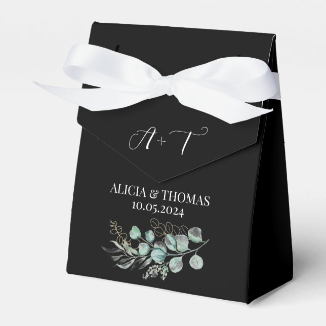 Eucalyptus Green Black Botanical Initials Wedding  Favour Box (Front Side)