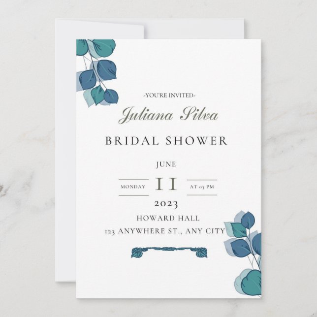 Eucalyptus green blue leaves elegant rustic   invitation (Front)