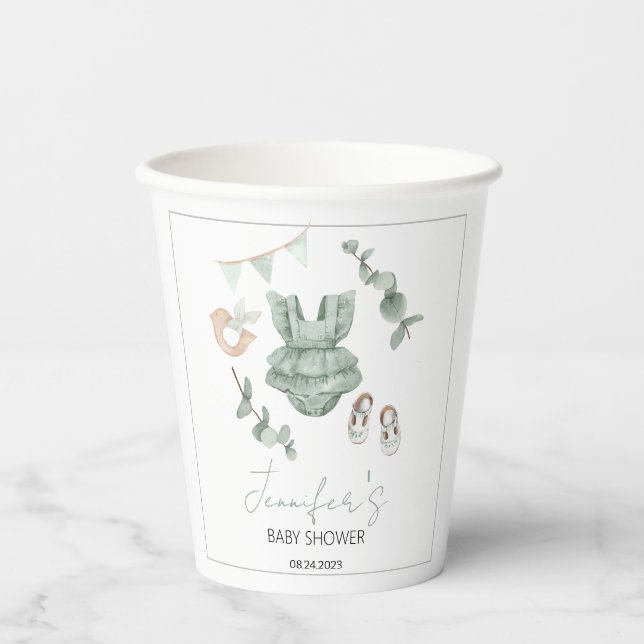 Eucalyptus green boho girl baby shower paper cup (Front)