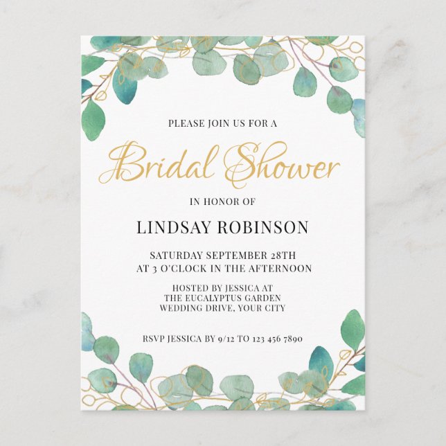 Eucalyptus Green Bridal Shower Invitation Postcard (Front)