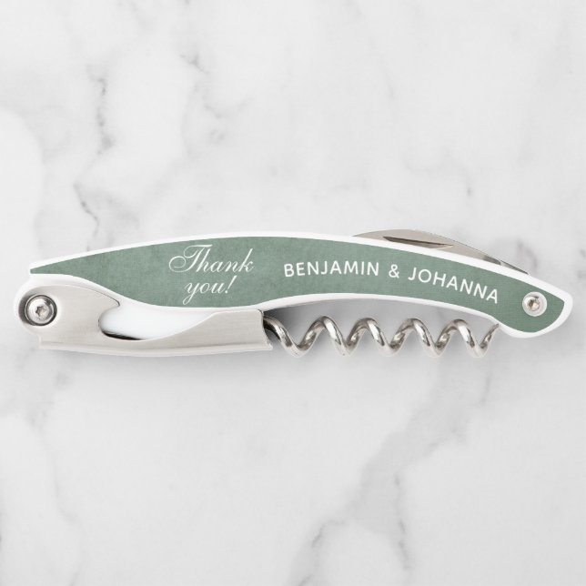 Eucalyptus Green Custom Wedding Thank You Favours Corkscrew (Front)