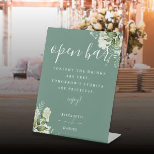 Eucalyptus Green Elegant Greenery Floral Open Bar Pedestal Sign