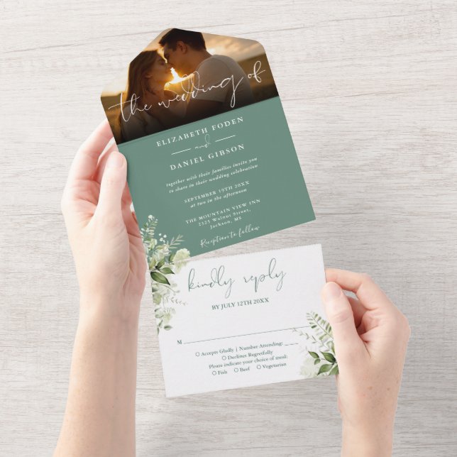 Eucalyptus Green Floral Greenery Wedding Photo All In One Invitation (Tearaway)