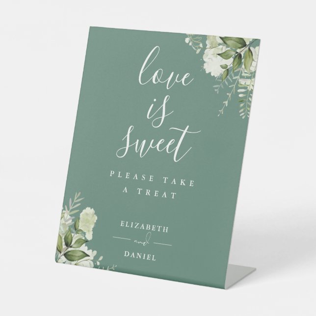 Eucalyptus Green Floral Love Is Sweet Favour Pedestal Sign (Front)