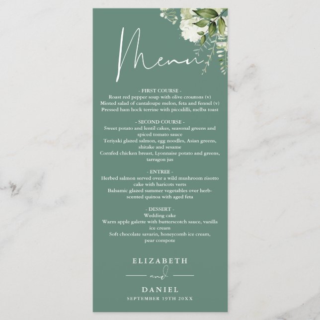 Eucalyptus Green Floral Monogram Wedding Dinner Menu (Front)