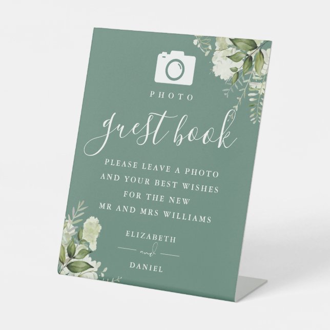 Eucalyptus Green Floral Photo Guest Book Wedding Pedestal Sign (Front)