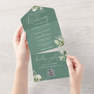Eucalyptus Green Floral QR Code Formal Wedding All In One Invitation