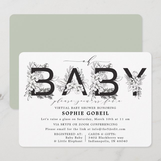 Eucalyptus Green Floral VIRTUTAL Baby Shower Invitation (Front/Back)