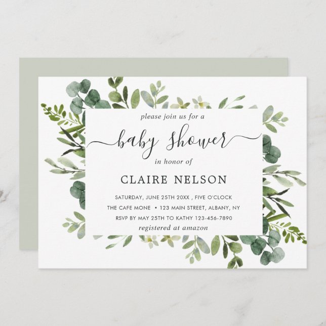 Eucalyptus Green Foliage Baby Shower Invitation (Front/Back)