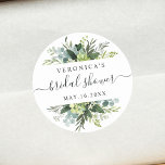 Eucalyptus Green Foliage Bridal Shower Classic Round Sticker<br><div class="desc">This wedding bridal shower sticker features painted watercolor eucalyptus,  botanical green,  and light blue leaves with modern calligraphy. For more advanced customisation of this design,  please click the BLUE DESIGN TOOL BUTTON. Matching items are also available.</div>