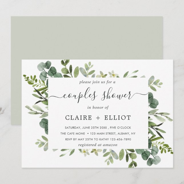 Eucalyptus Green Foliage Couples Shower Invitation (Front/Back)