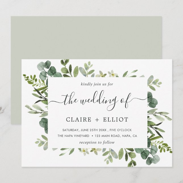 Eucalyptus Green Foliage Rectangle Frame Wedding Invitation (Front/Back)