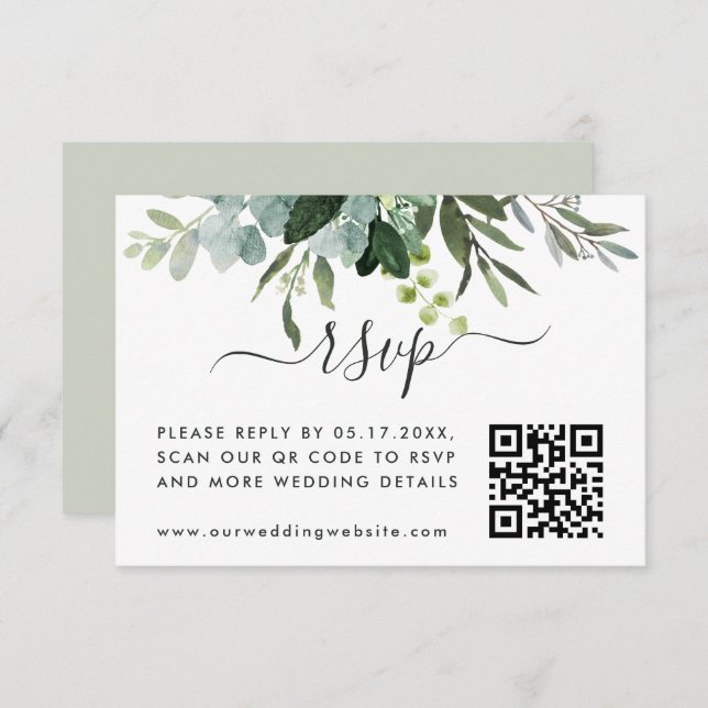 Eucalyptus Green Foliage RSVP with QR Code  Enclosure Card (Front/Back)