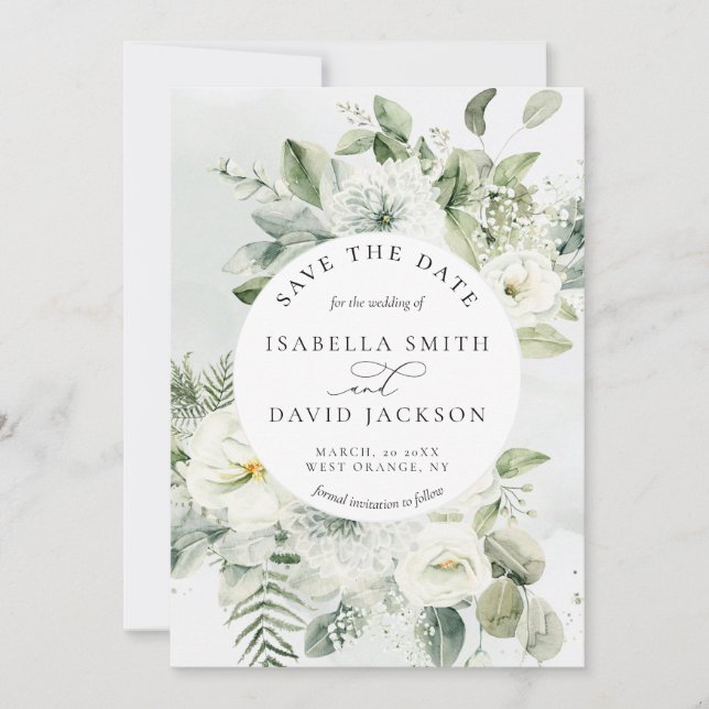 Eucalyptus Green Foliage Sage Green White Floral Save The Date (Front)