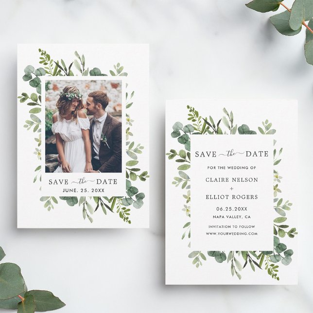 Eucalyptus Green Foliage Save the Date Photo Card (Front & Back)