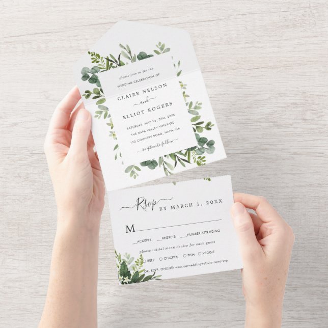 Eucalyptus Green Foliage Wedding All In One Invitation (Tearaway)