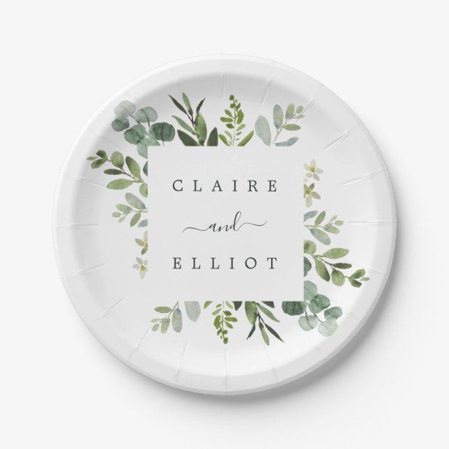 Eucalyptus Green Foliage Wedding Paper Plate (Front)