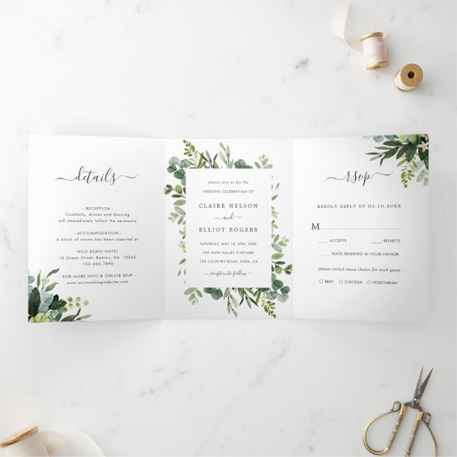 Eucalyptus Green Foliage Wedding Photo  Tri-Fold Invitation (Inside)