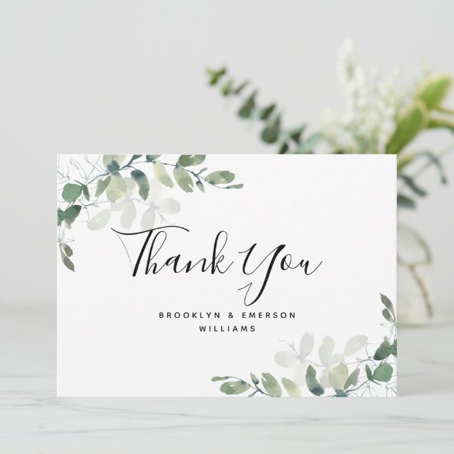 Eucalyptus Green Foliage Wedding Thank You Card (Standing Front)