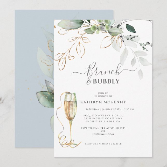 Eucalyptus Green Gold Dusty Blue Bridal Shower   Invitation (Front/Back)