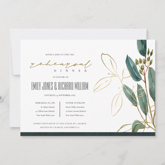 EUCALYPTUS GREEN GOLD FAUNA REHEARSAL DINER INVITE (Front)