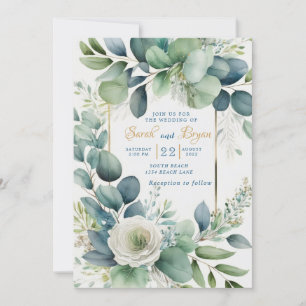 Eucalyptus Green Gold Floral Wedding Invitation