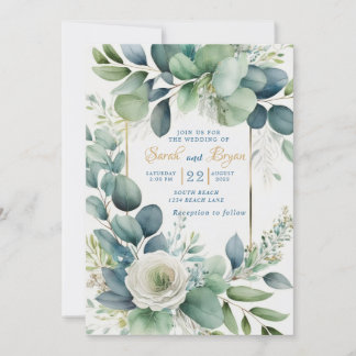 Eucalyptus Green Gold Floral Wedding Invitation