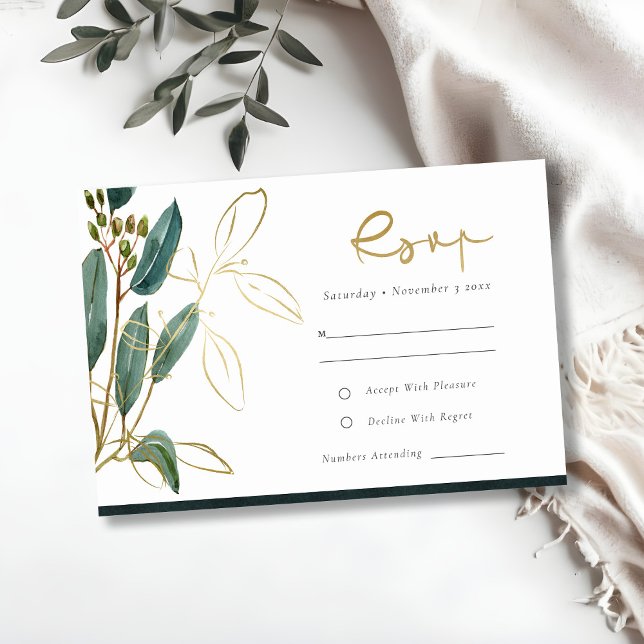 EUCALYPTUS GREEN GOLD FOIL FOLIAGE WEDDING RSVP  E ENCLOSURE CARD (Creator Uploaded)