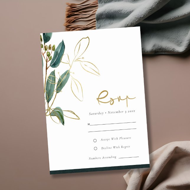 Eucalyptus Green Gold Foil Foliage Wedding RSVP Enclosure Card (Creator Uploaded)