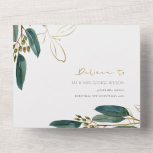 EUCALYPTUS GREEN GOLD FOLIAGE WATERCOLOR WEDDING A ALL IN ONE INVITATION