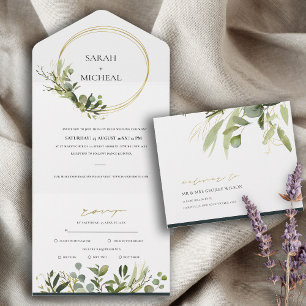 EUCALYPTUS GREEN GOLD FOLIAGE WATERCOLOR WEDDING A ALL IN ONE INVITATION
