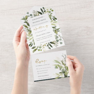 EUCALYPTUS GREEN GOLD FOLIAGE WATERCOLOR WEDDING   ALL IN ONE INVITATION