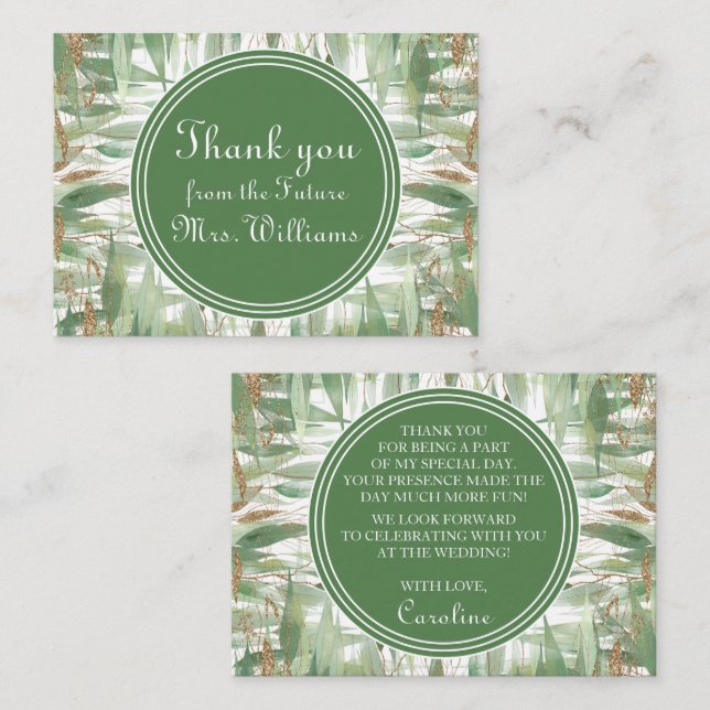 Eucalyptus Green Gold Glitter Bridal Thank you Enclosure Card (Front/Back)