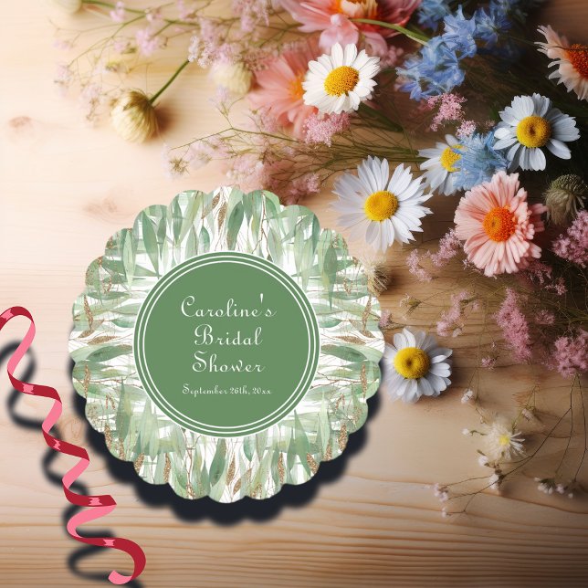 Eucalyptus Green Gold Glitter Leaves Bridal Shower Paper Coaster (Creator Uploaded)
