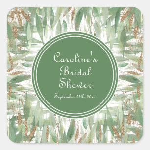Eucalyptus Green Gold Glitter Leaves Bridal Shower Square Sticker
