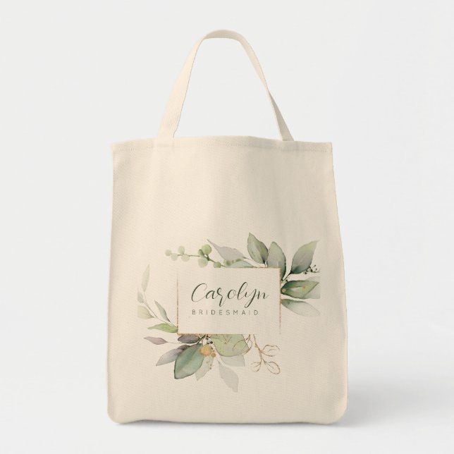 Eucalyptus Green Gold Monogrammed Bridesmaid Tote Bag (Front)