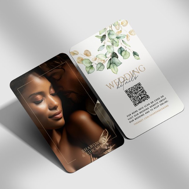 Eucalyptus Green & Gold Photo QR Code Wedding RSVP Enclosure Card (Creator Uploaded)