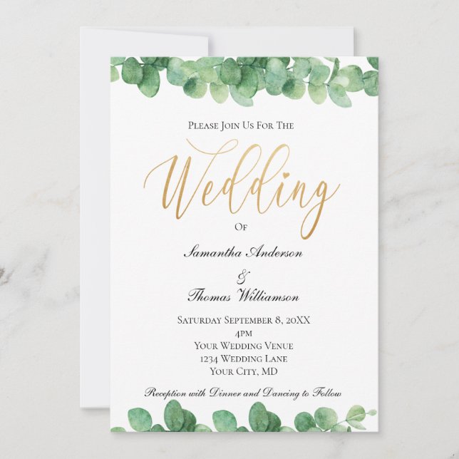 Eucalyptus Green Gold Script Elegant Wedding Invitation (Front)