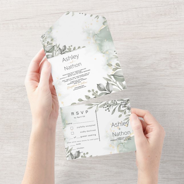 Eucalyptus green & gold watercolour Wedding All In One Invitation (Tearaway)