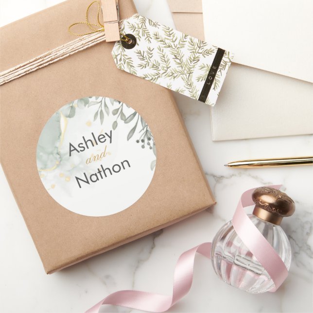 Eucalyptus green & gold watercolour Wedding Classic Round Sticker (Gifting)