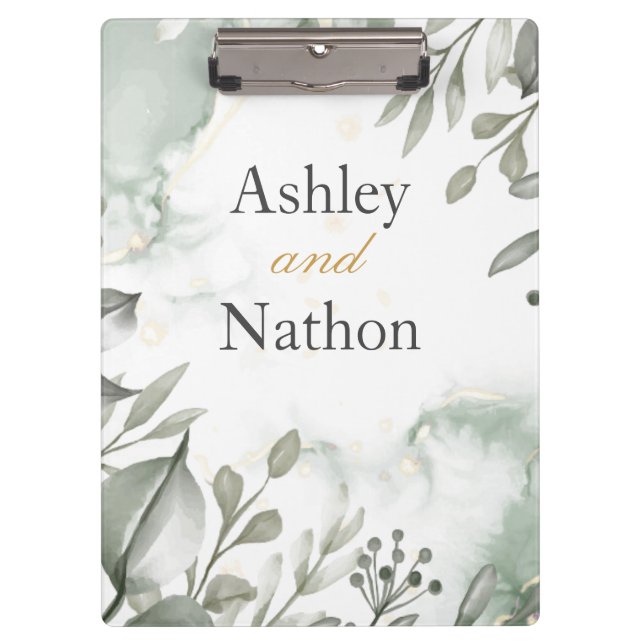 Eucalyptus green & gold watercolour Wedding Clipboard (Front)
